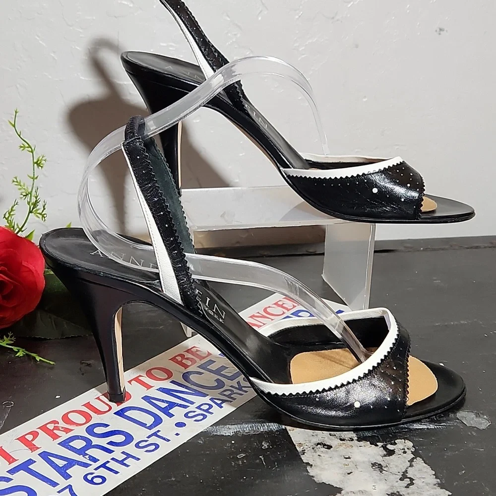 ANN KLEIN Open Toe Lazer Cut Sling Back Black White Heel 9M